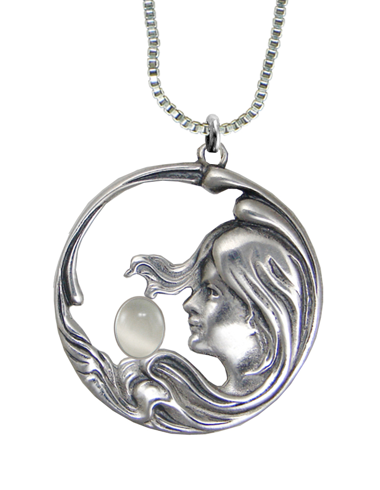 Sterling Silver Woman Maiden of the Wind Pendant With White Moonstone